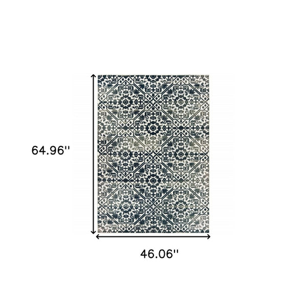 HomeRoots 2' Navy and Ivory Geometric Runner Rug – Durable, Stain Resistant, Perfect for High-Traffic Areas 4' X 6' 508357