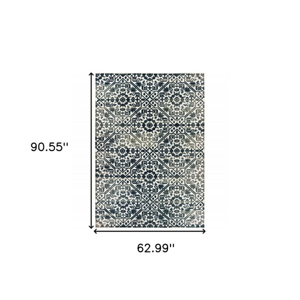 HomeRoots 2' Navy and Ivory Geometric Runner Rug – Durable, Stain Resistant, Perfect for High-Traffic Areas 5' X 8' 508358