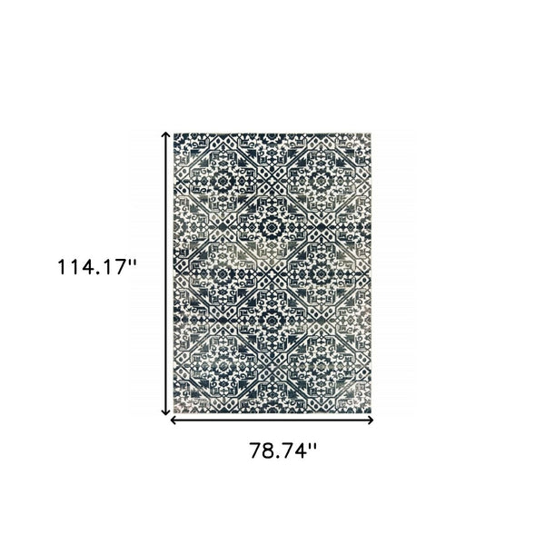 HomeRoots 2' Navy and Ivory Geometric Runner Rug – Durable, Stain Resistant, Perfect for High-Traffic Areas 7' X 10' 508359