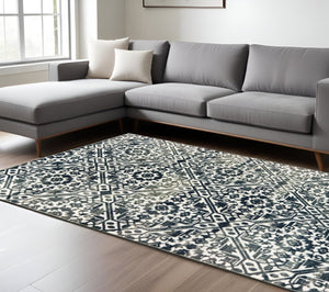 HomeRoots 2' Navy and Ivory Geometric Runner Rug – Durable, Stain Resistant, Perfect for High-Traffic Areas 7' X 10' 508359