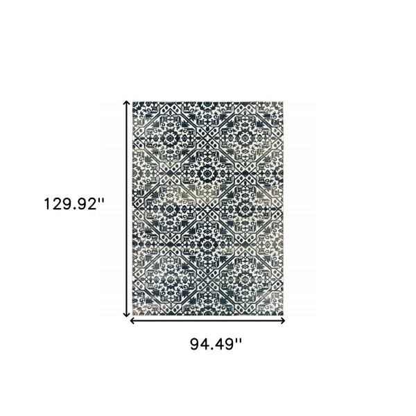 HomeRoots 2' Navy and Ivory Geometric Runner Rug – Durable, Stain Resistant, Perfect for High-Traffic Areas 8' X 11' 508360
