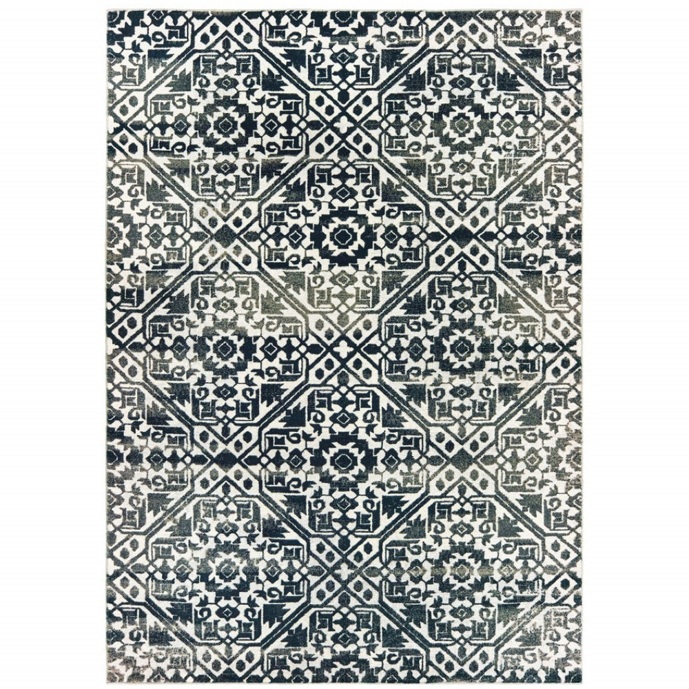 HomeRoots 2' Navy and Ivory Geometric Runner Rug – Durable, Stain Resistant, Perfect for High-Traffic Areas 10' X 13' 508361