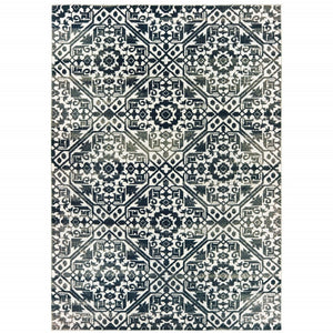 HomeRoots 2' Navy and Ivory Geometric Runner Rug – Durable, Stain Resistant, Perfect for High-Traffic Areas 10' X 13' 508361