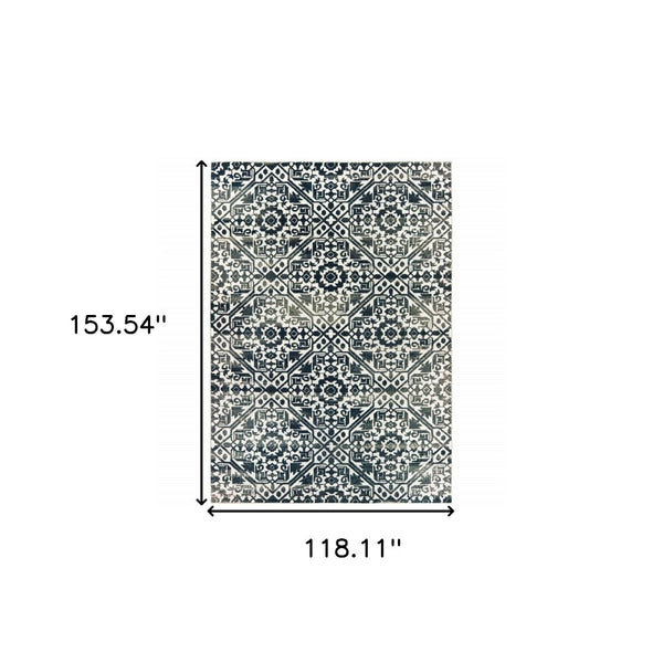 HomeRoots 2' Navy and Ivory Geometric Runner Rug – Durable, Stain Resistant, Perfect for High-Traffic Areas 10' X 13' 508361