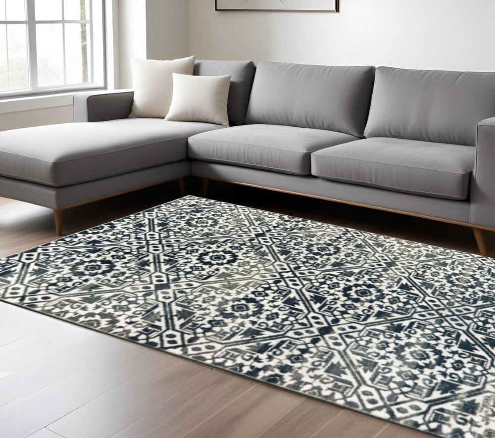 HomeRoots 2' Navy and Ivory Geometric Runner Rug – Durable, Stain Resistant, Perfect for High-Traffic Areas 10' X 13' 508361