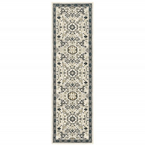 HomeRoots 2' Elegant Ivory, Navy & Gold Oriental Power Loom Runner Rug - Stain Resistant for Busy Homes 2'3" x 7'6" 508362