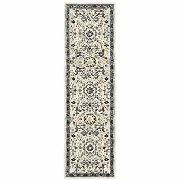 HomeRoots 2' Elegant Ivory, Navy & Gold Oriental Power Loom Runner Rug - Stain Resistant for Busy Homes 2'3" x 7'6" 508362