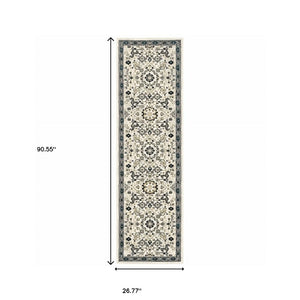 HomeRoots 2' Elegant Ivory, Navy & Gold Oriental Power Loom Runner Rug - Stain Resistant for Busy Homes 2'3" x 7'6" 508362