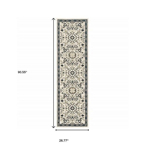 HomeRoots 2' Elegant Ivory, Navy & Gold Oriental Power Loom Runner Rug - Stain Resistant for Busy Homes 2'3" x 7'6" 508362