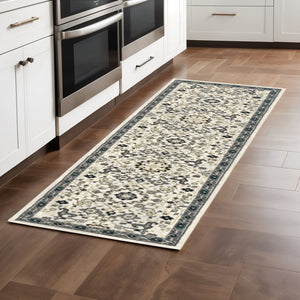 HomeRoots 2' Elegant Ivory, Navy & Gold Oriental Power Loom Runner Rug - Stain Resistant for Busy Homes 2'3" x 7'6" 508362