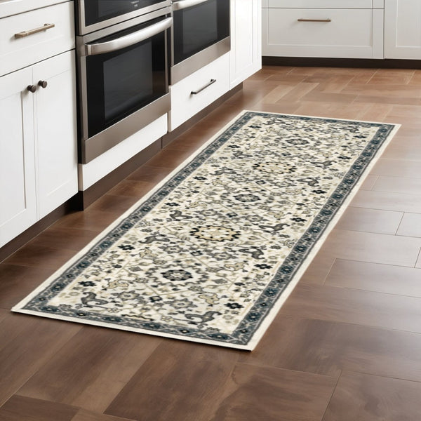 HomeRoots 2' Elegant Ivory, Navy & Gold Oriental Power Loom Runner Rug - Stain Resistant for Busy Homes 2'3" x 7'6" 508362