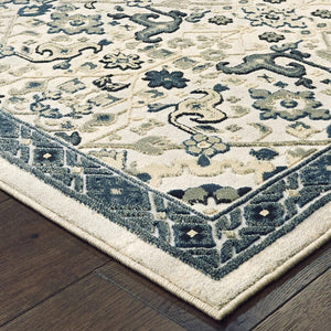 HomeRoots 2' Elegant Ivory, Navy & Gold Oriental Power Loom Runner Rug - Stain Resistant for Busy Homes 4' X 6' 508363