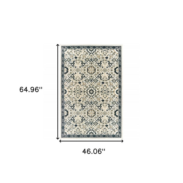 HomeRoots 2' Elegant Ivory, Navy & Gold Oriental Power Loom Runner Rug - Stain Resistant for Busy Homes 4' X 6' 508363
