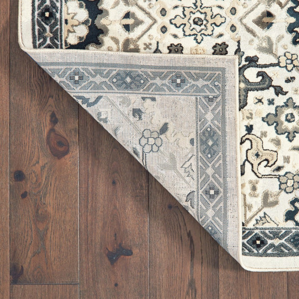 HomeRoots 2' Elegant Ivory, Navy & Gold Oriental Power Loom Runner Rug - Stain Resistant for Busy Homes 5' X 8' 508364