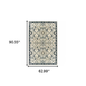 HomeRoots 2' Elegant Ivory, Navy & Gold Oriental Power Loom Runner Rug - Stain Resistant for Busy Homes 5' X 8' 508364