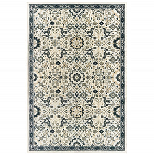HomeRoots 2' Elegant Ivory, Navy & Gold Oriental Power Loom Runner Rug - Stain Resistant for Busy Homes 7' X 10' 508365