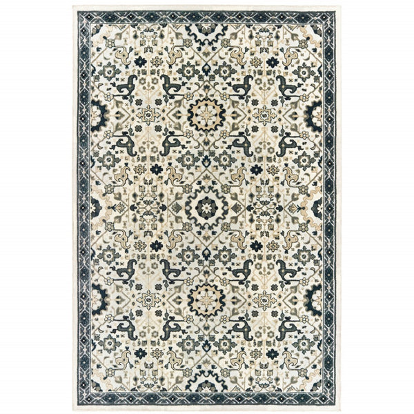 HomeRoots 2' Elegant Ivory, Navy & Gold Oriental Power Loom Runner Rug - Stain Resistant for Busy Homes 8' X 11' 508366