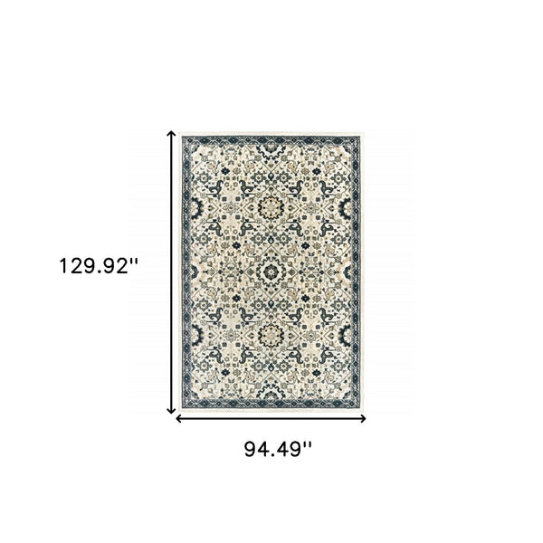 HomeRoots 2' Elegant Ivory, Navy & Gold Oriental Power Loom Runner Rug - Stain Resistant for Busy Homes 8' X 11' 508366