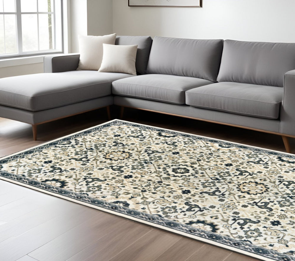 HomeRoots 2' Elegant Ivory, Navy & Gold Oriental Power Loom Runner Rug - Stain Resistant for Busy Homes 8' X 11' 508366