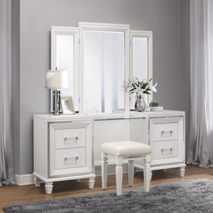 English Elm Modern Glam Vanity Stool Mirrored Frame Faux Leather White Seat Metallic Trim Stylish Bedroom Accent, 15.75x15.75x19.5" B011P365574