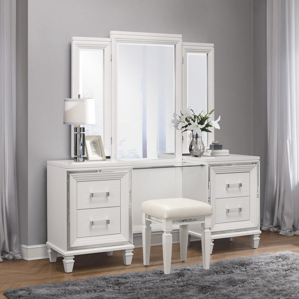 English Elm Modern Glam Vanity Stool Mirrored Frame Faux Leather White Seat Metallic Trim Stylish Bedroom Accent, 15.75x15.75x19.5" B011P365574