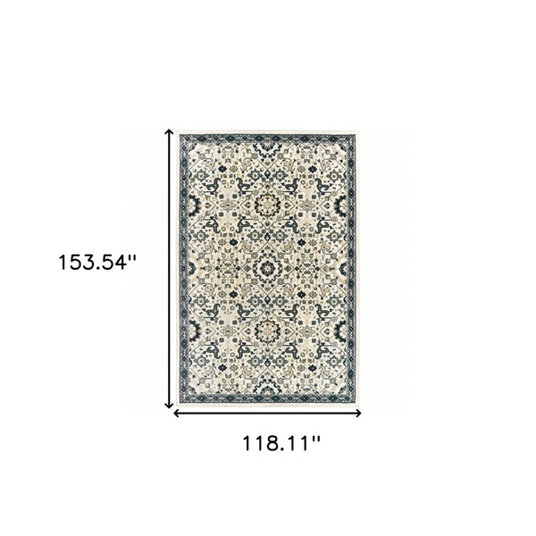 HomeRoots 2' Elegant Ivory, Navy & Gold Oriental Power Loom Runner Rug - Stain Resistant for Busy Homes 10' X 13' 508367
