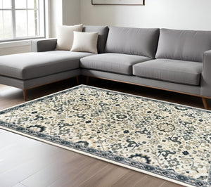 HomeRoots 2' Elegant Ivory, Navy & Gold Oriental Power Loom Runner Rug - Stain Resistant for Busy Homes 10' X 13' 508367