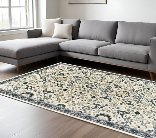 HomeRoots 2' Elegant Ivory, Navy & Gold Oriental Power Loom Runner Rug - Stain Resistant for Busy Homes 10' X 13' 508367