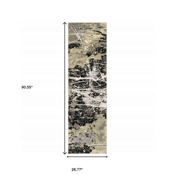 HomeRoots 8' Modern Black and Gold Abstract Runner Rug - Stain Resistant, Durable, Perfect for High-Traffic Areas 2'3" x 7'6" 508368