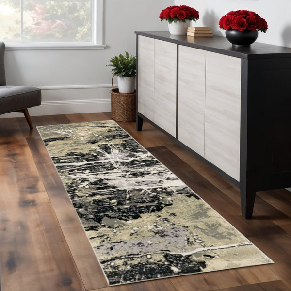 HomeRoots 8' Modern Black and Gold Abstract Runner Rug - Stain Resistant, Durable, Perfect for High-Traffic Areas 2'3" x 7'6" 508368
