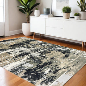 HomeRoots 8' Modern Black and Gold Abstract Runner Rug - Stain Resistant, Durable, Perfect for High-Traffic Areas 4' X 6' 508369