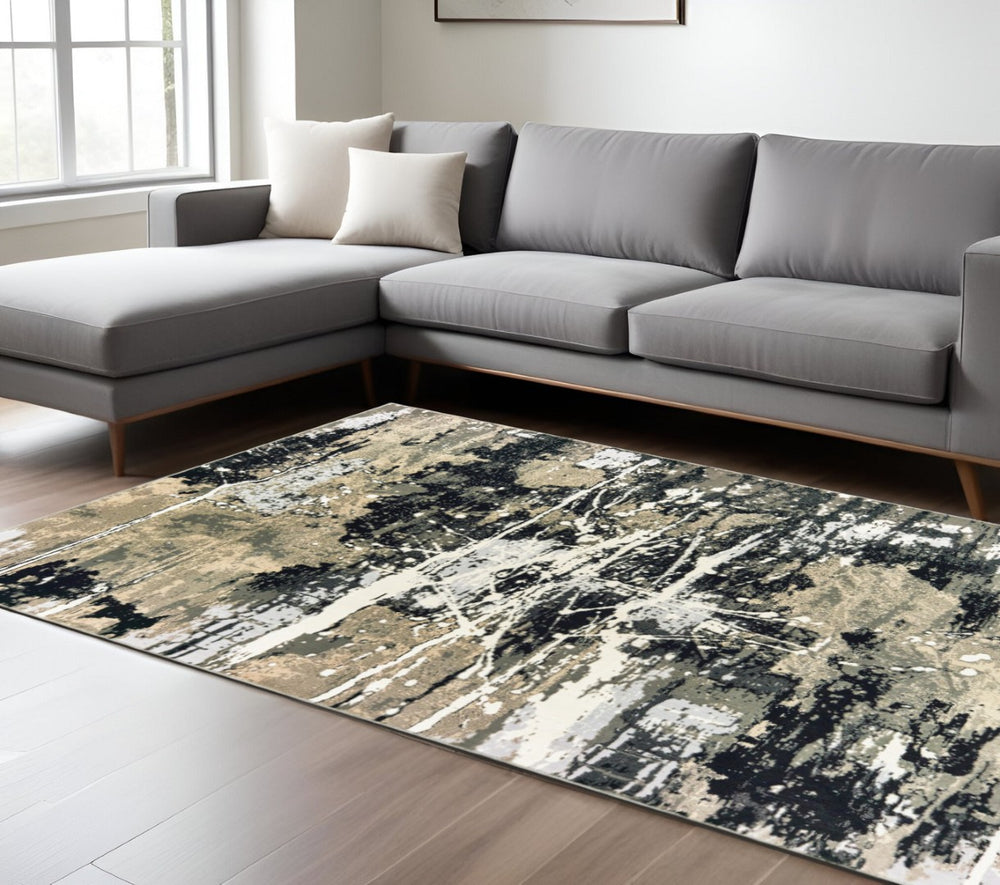 HomeRoots 8' Modern Black and Gold Abstract Runner Rug - Stain Resistant, Durable, Perfect for High-Traffic Areas 7' X 10' 508371