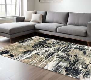 HomeRoots 8' Modern Black and Gold Abstract Runner Rug - Stain Resistant, Durable, Perfect for High-Traffic Areas 10' X 13' 508373