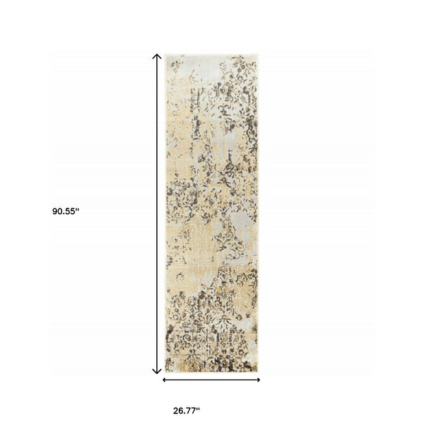 Homeroots 2' X 8' Grey And Gold Abstract Power Loom Stain Resistant Runner Rug  Polypropylene 508374