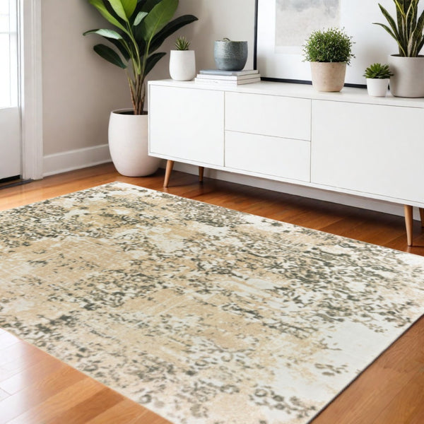 HomeRoots 2' Modern Grey and Gold Abstract Power Loom Runner Rug - Stain Resistant, Ideal for High-Traffic Areas 4' X 6' 508375