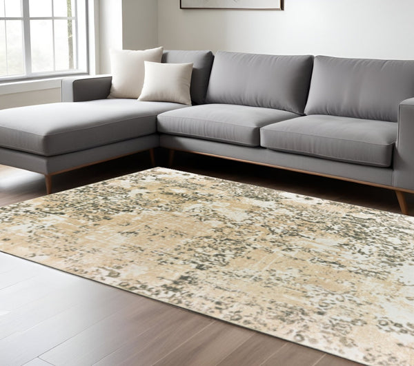 HomeRoots 2' Modern Grey and Gold Abstract Power Loom Runner Rug - Stain Resistant, Ideal for High-Traffic Areas 10' X 13' 508379