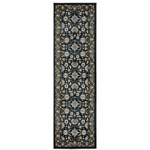 Homeroots 2' X 8' Navy Caramel And Ivory Oriental Power Loom Stain Resistant Runner Rug  Polypropylene 508380