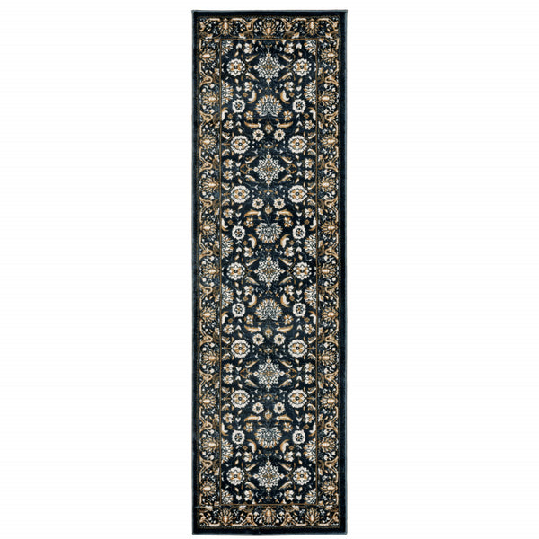 Homeroots 2' X 8' Navy Caramel And Ivory Oriental Power Loom Stain Resistant Runner Rug  Polypropylene 508380