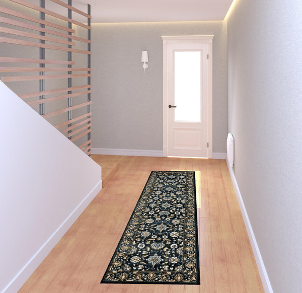 Homeroots 2' X 8' Navy Caramel And Ivory Oriental Power Loom Stain Resistant Runner Rug  Polypropylene 508380