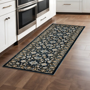 HomeRoots 2' Elegant Navy, Caramel & Ivory Oriental Runner Rug - Stain-Resistant, Durable for High-Traffic Areas 2'3" x 7'6" 508380