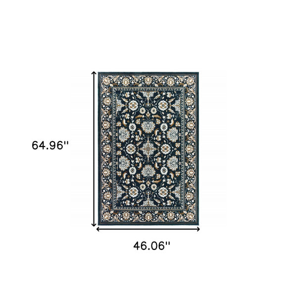 Homeroots 4' X 6' Navy Caramel And Ivory Oriental Power Loom Stain Resistant Area Rug  Polypropylene 508381