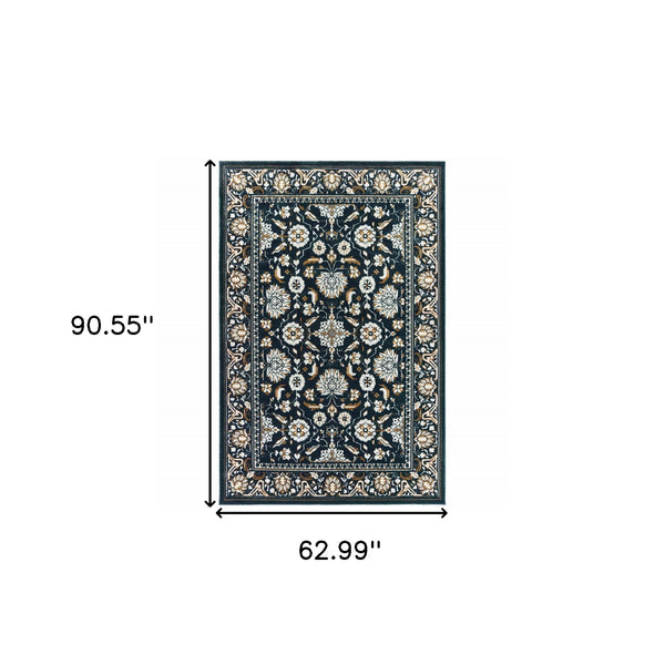 Homeroots 5' X 8' Navy Caramel And Ivory Oriental Power Loom Stain Resistant Area Rug  Polypropylene 508382