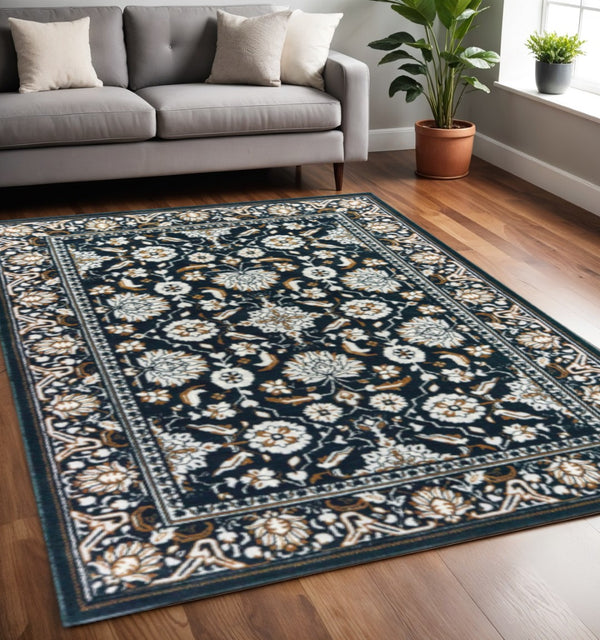 HomeRoots 2' Elegant Navy, Caramel & Ivory Oriental Runner Rug - Stain-Resistant, Durable for High-Traffic Areas 5' X 8' 508382