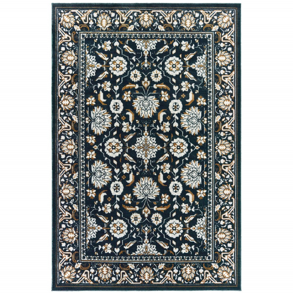 HomeRoots 2' Elegant Navy, Caramel & Ivory Oriental Runner Rug - Stain-Resistant, Durable for High-Traffic Areas 7' X 10' 508383