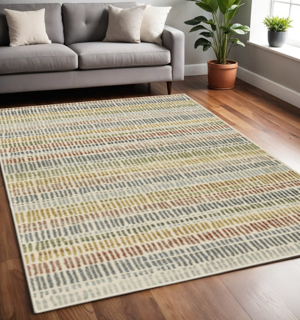 HomeRoots 5' Geometric Power Loom Area Rug in Ivory, Blue, Green, Red & Gold - Stain Resistant & Stylish 5' X 7' 508392