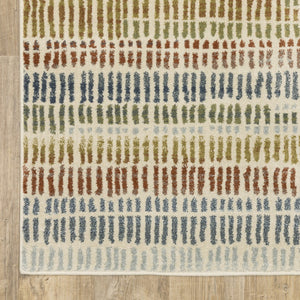 HomeRoots 5' Geometric Power Loom Area Rug in Ivory, Blue, Green, Red & Gold - Stain Resistant & Stylish 7' X 9' 508393