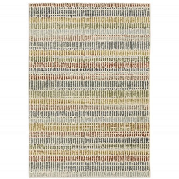 HomeRoots 5' Geometric Power Loom Area Rug in Ivory, Blue, Green, Red & Gold - Stain Resistant & Stylish 10' X 13' 508395