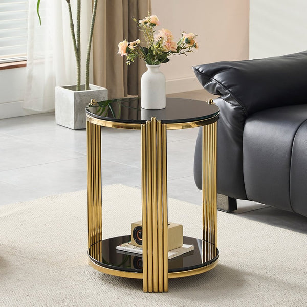 English Elm 16.9inch Round End Table Dual Tier Black Tempered Glass Gold Steel Frame Modern Accent W3357P395504