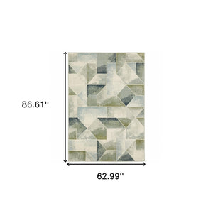 HomeRoots 5' Modern Geometric Area Rug in Blue, Green, Grey, Gold & Ivory - Stain Resistant & Easy Care 5' X 7' 508402