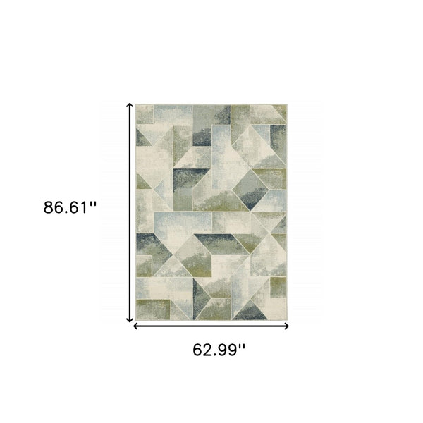 HomeRoots 5' Modern Geometric Area Rug in Blue, Green, Grey, Gold & Ivory - Stain Resistant & Easy Care 5' X 7' 508402